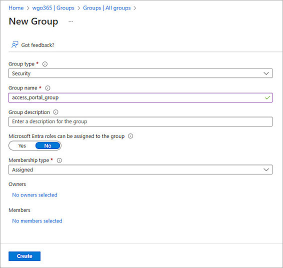 Screenshot of Entra ID, Azure new group setup 1